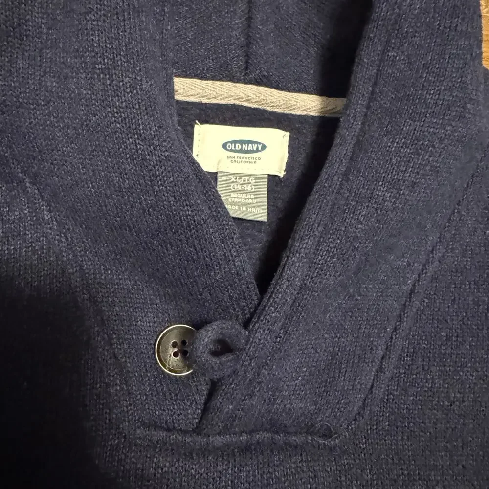 Old Navy Heathered Blue Shawl Collar w Button Pullover Sweater XL Boys 14-16